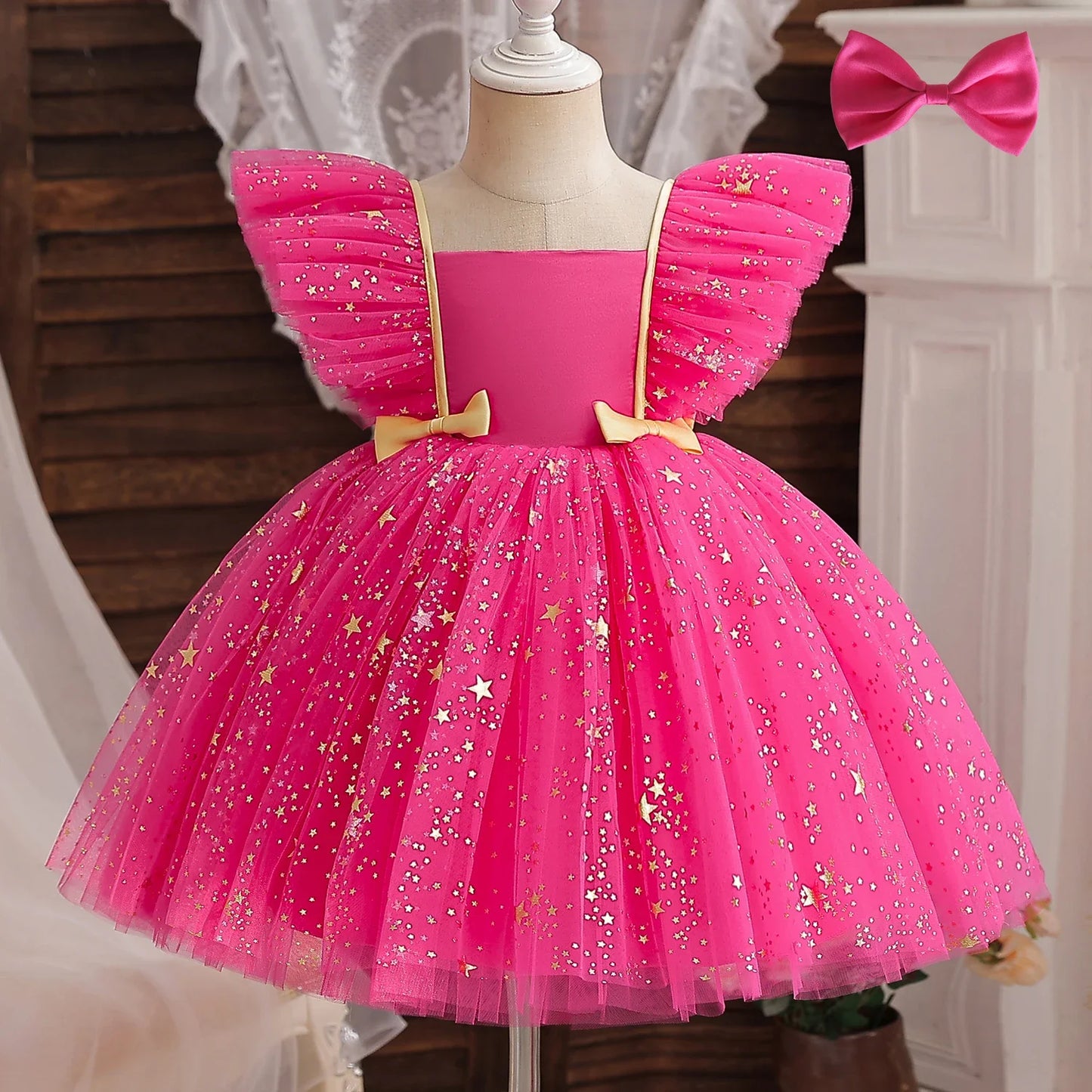 Kleinkind Mädchen Party Prinzessin Kleid Baby Champagner 1st Geburtstag Outfits Kinder Sommer Puff Ärmel Pailletten Tutu Kleid Mädchen Gala Kleidung