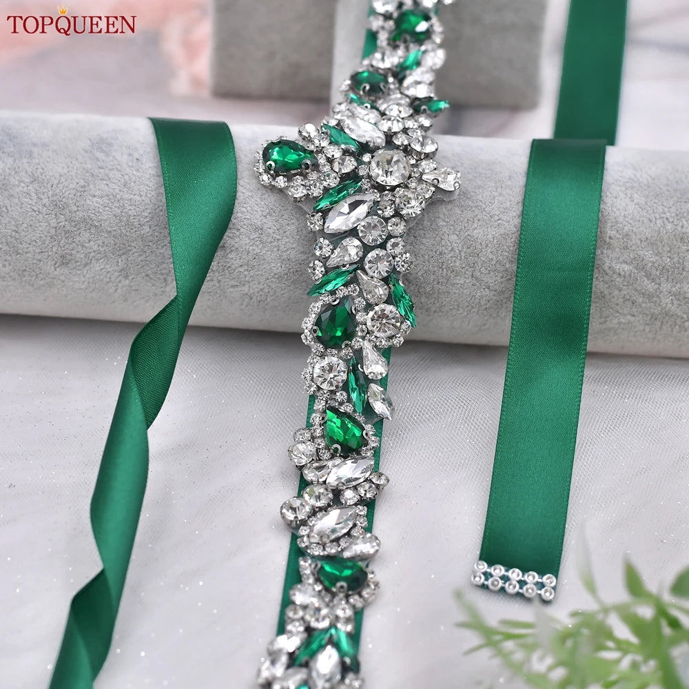 TOPQUEEN S462-KL Rhinestone Bridal Belt Wedding With Green Diamond Wedding Dress Accessories Belt Sash Party Women Dress Belt