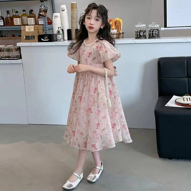 Kids Summer Dress Floral Pattern Girl Party Dress Chinese Style Kids Dress Summer Clothes Girl 6 8 10 12 Years Girl Clothes Park