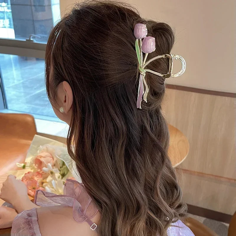 High End Minimalist Tulip Shaped Grab Clip 2024 Exquisite Women's Hair Accessories Fashionable and Beautiful Metal Shark Clip