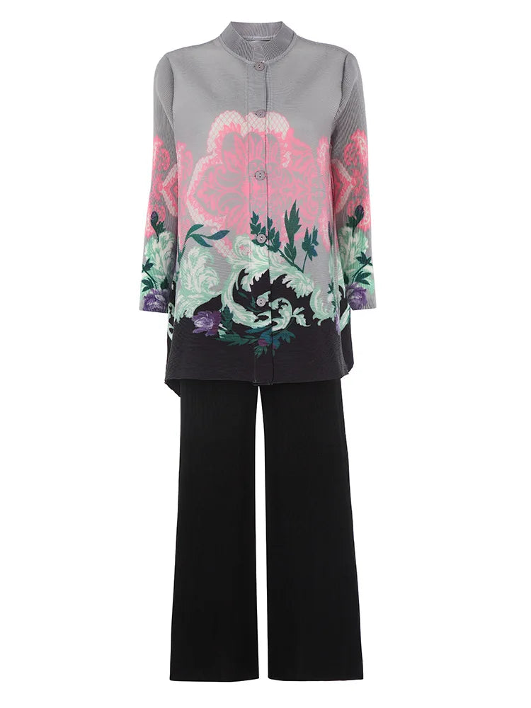 MIYAKE Women's PLEATS Print Casual Suit 2025 Spring New Fashion Stand Collar Midi Top Wide-Leg Pants Two-Piece Set Women Clothes