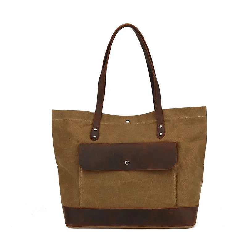 Casual Oil Wax Canvas With Genuine Leather Women's Handbag Waterproof Tote Bag Shoulder Messenger Shopping Bag Storage Bags