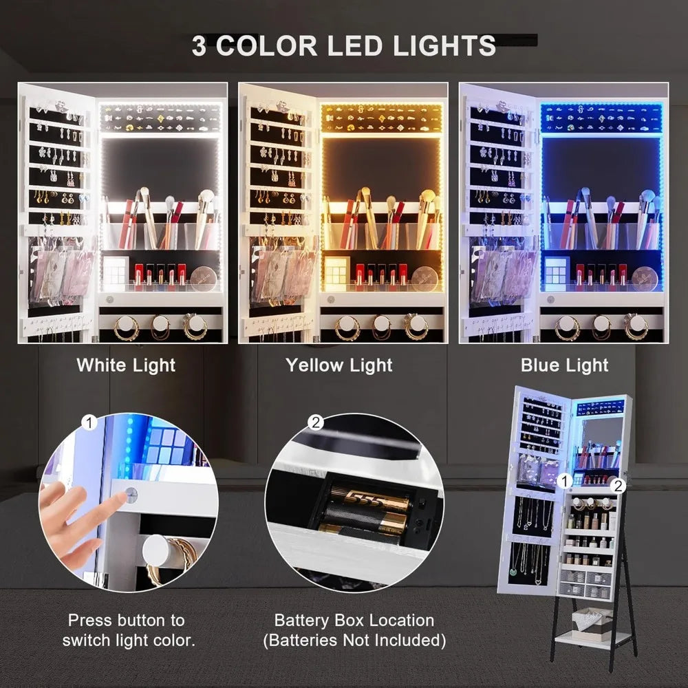 RGB LED Full Length Mirror with Storage for Jewelry, Lockable. home improvement decoration