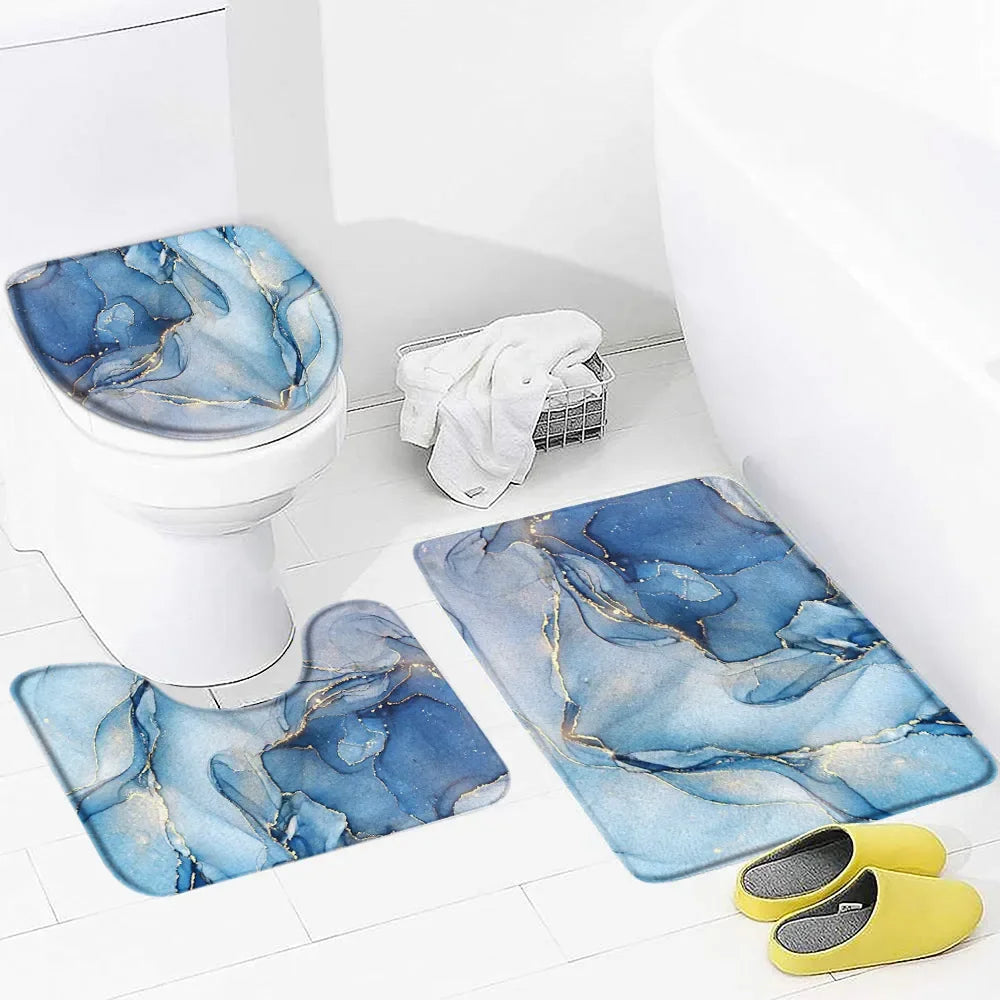 Black Marble Shower Curtain Set White Lines Cracked Pattern Modern Geometric Bathroom Decor Non-slip Rug Bath Mats Toilet Cover home improvement