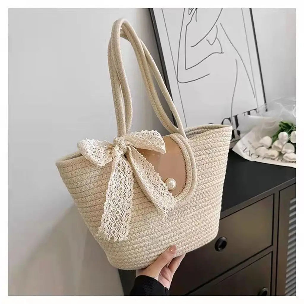 Woven Cotton Shoulder Bags for Women Summer Beach Bag Purse Female Handbag