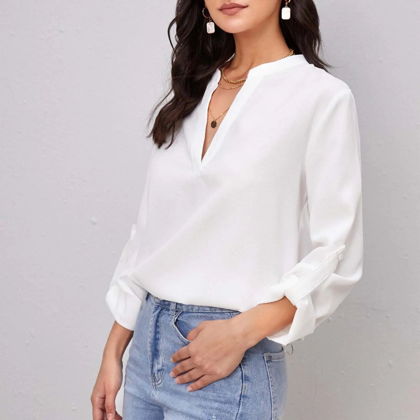 2025 Spring White Women's Blouses Long Sleeve Simple Office Lady Solid Color V-neck Loose Casual Shirt Tops Women Clothes