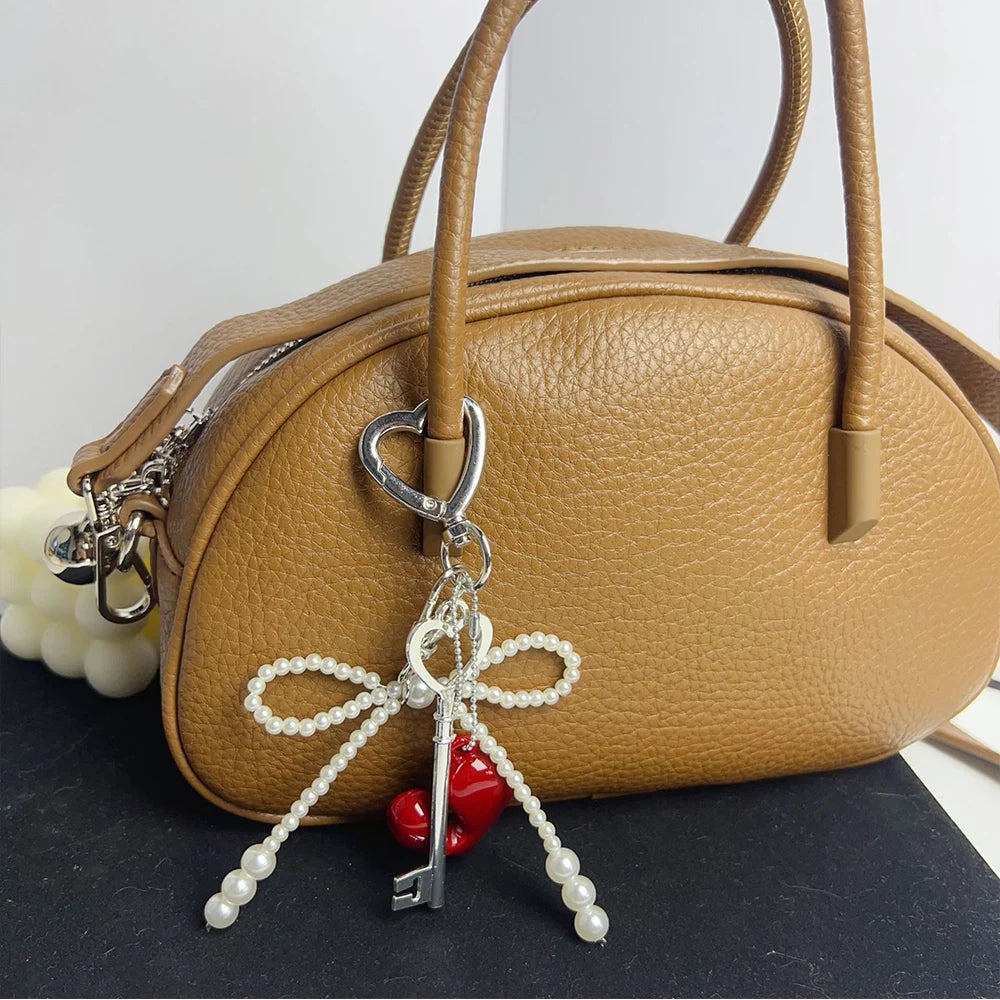 New Fashion Red Love Y2k Keychain Korean Charm Bag Pendant Handmade Beaded Bownot Keyring Vintage Red Metal Hanging Accessories