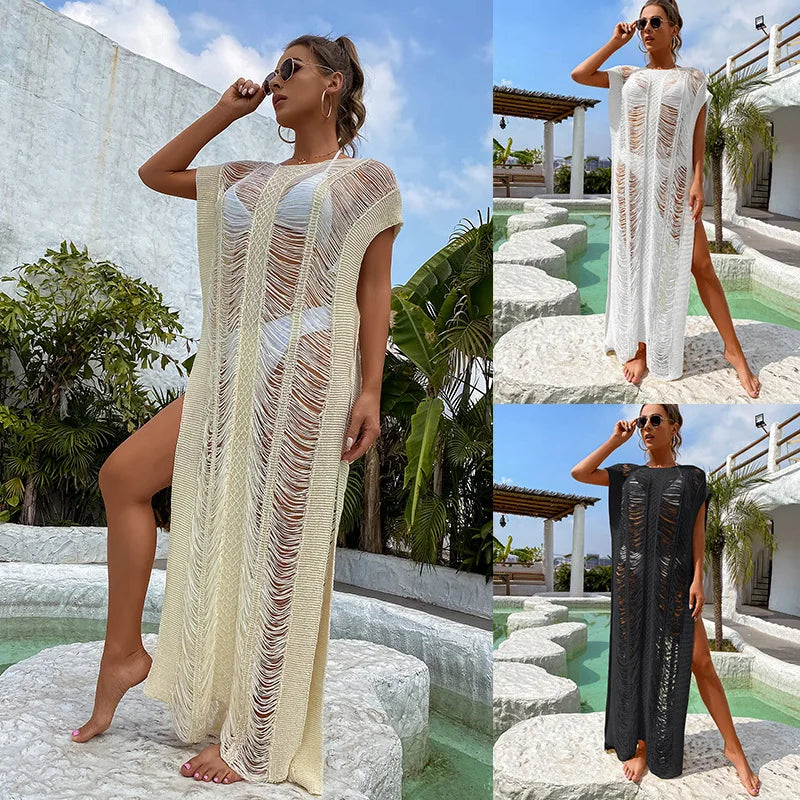 Crochet Hollow Out Tassel Bikini Cover-ups Long Tunic Casual Summer Beach Dress Women Beach Wear Swim Suit Cover Up