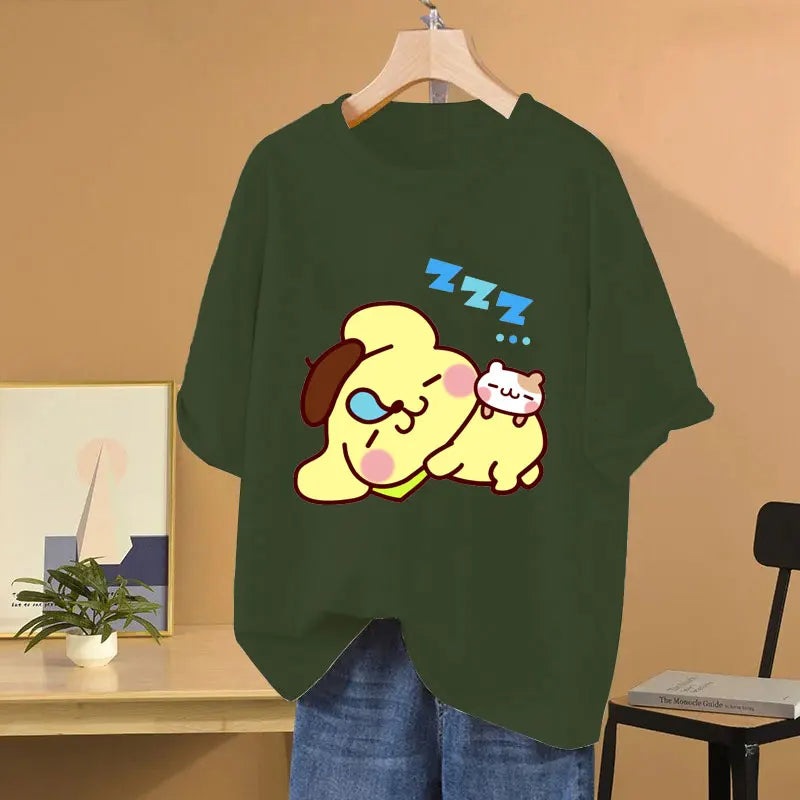 Clothes Pompom Purin Yellow Cartoon Anime Women T-shirt Summer Short Sleeve 100% Cotton Men Tee Shirts Tops 2025 Fashion Couple Clothes