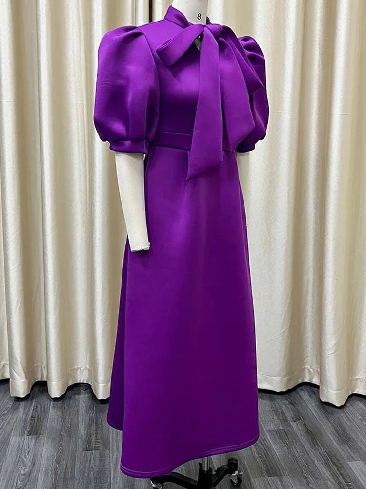 FairyShely 2025 Puff Short Sleeve Plus Size Dress Women Solid Bow Large Big Dresses Summer Lady O-Neck Party Tight Curvy Dress