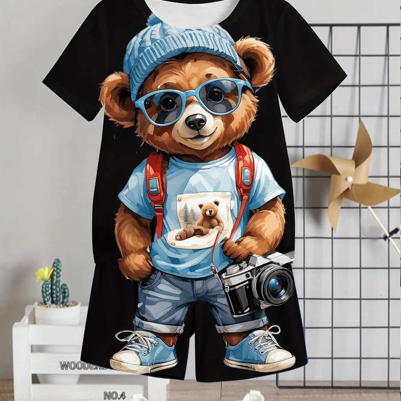 2024 Kids Clothes 2pcs Boys Fun Cartoon Bear Print Short Sleeve T-Shirt Shorts Set Summer Active Boys Complete Stylish Look