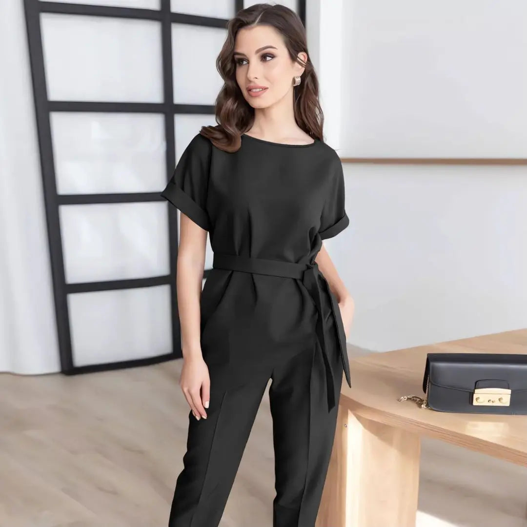 Women's Summer New Fashion Casual Round Neck Beveled Edge Suit Belt Top Set of Petite Pants Elegant Style Office Lady Suit Sets clothes