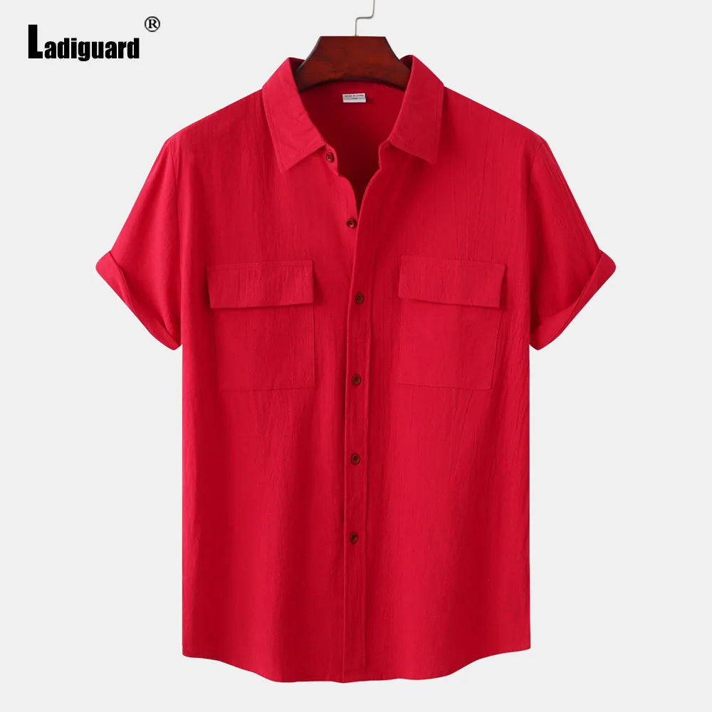 Men Short Sleeve Linen Shirts ,Black Soft Blouse Vintage Casual Stand Pocket Tops mon