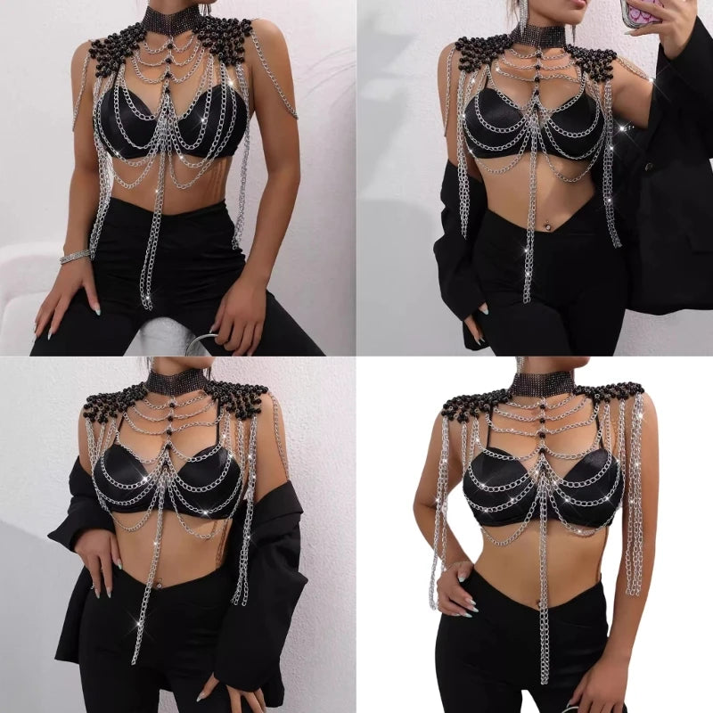 Women Pearls Beaded Shoulder Chain Necklace Layered Metal Chain Tassels Body Jewelry Shawl Camisole Top Body Accessory