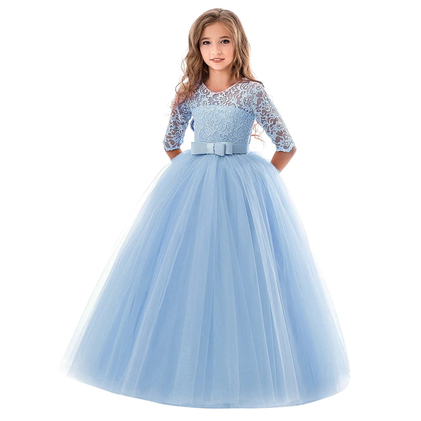 Girls Lace Embroidered Bow Princess Dress Long Sleeve Tulle Gown For Toddler First Communion Bridesmaid Wedding Birthday Party