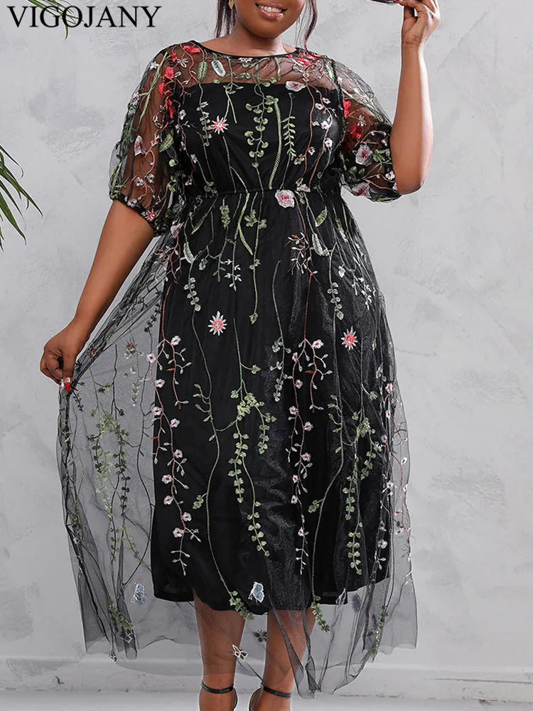 Vigojany 2025 Summer Mesh Patchwork Plus Size Dress Women O Neck Short Sleeve Large Big Dress Casual Lady Chubby Curvy Dresses