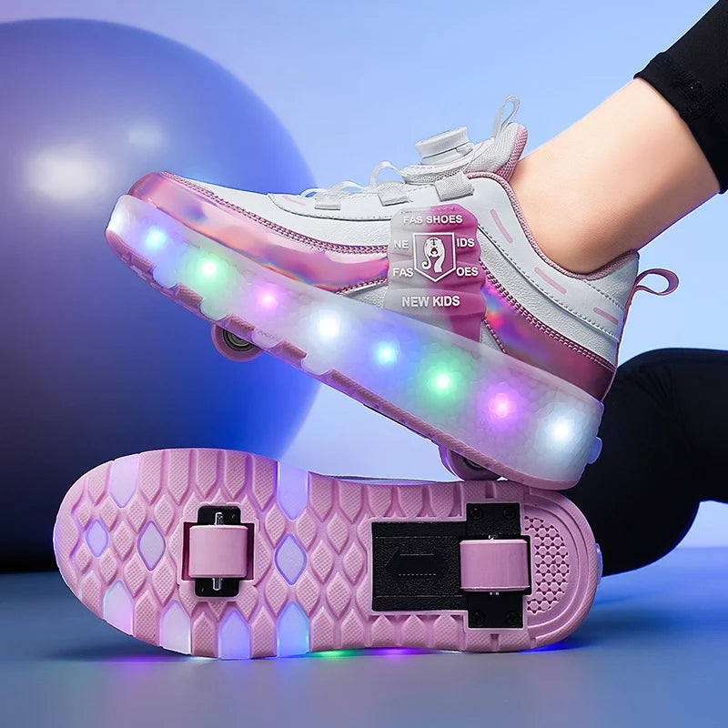 2 Wheels Dual-use Luminous Led Light USB Charging Roller Skates Sneakers For Girls Boys Students Outdoor Wheeled Sports Shoes