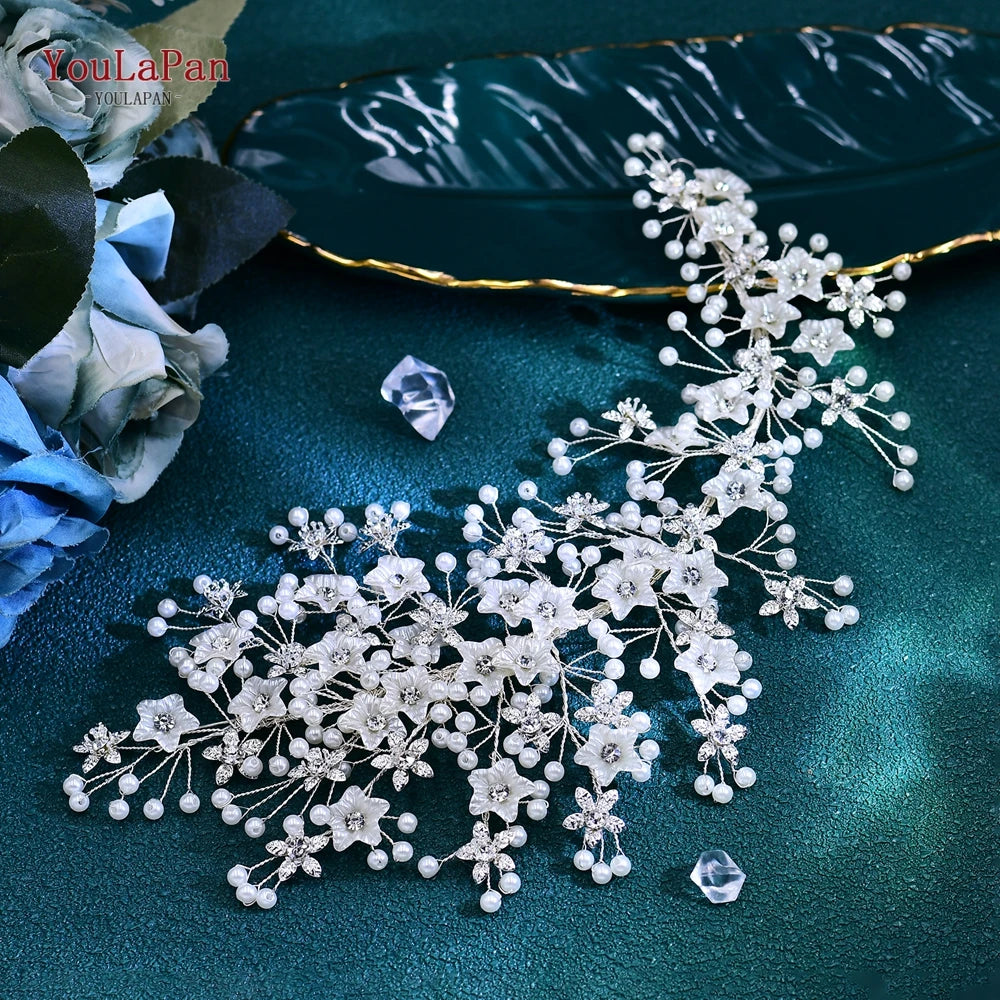 YouLaPan Wedding Headpiece Faux Pearl Headband Bridal Hair Accessories Rhinestone Headdress Alloy Leaf Hair Decoration HP680