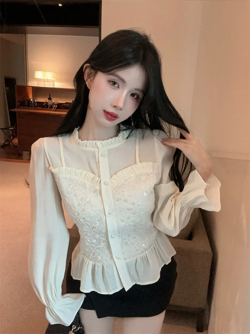 Gagaok French Style Women Tops Temperament Fungus Splicing Fashion Shirts 2025 Spring New Slimming Blouse Casual Clothes