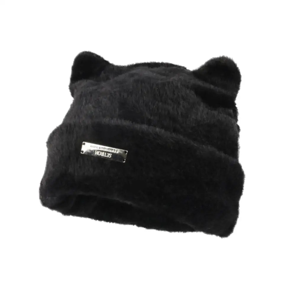 Iron Label Decorative Beanie Hat With Ears Cute Warm Faux Beanie Hat Plush Women Winter Fur Beanie Elastic Knitted Outdoor Z4k0