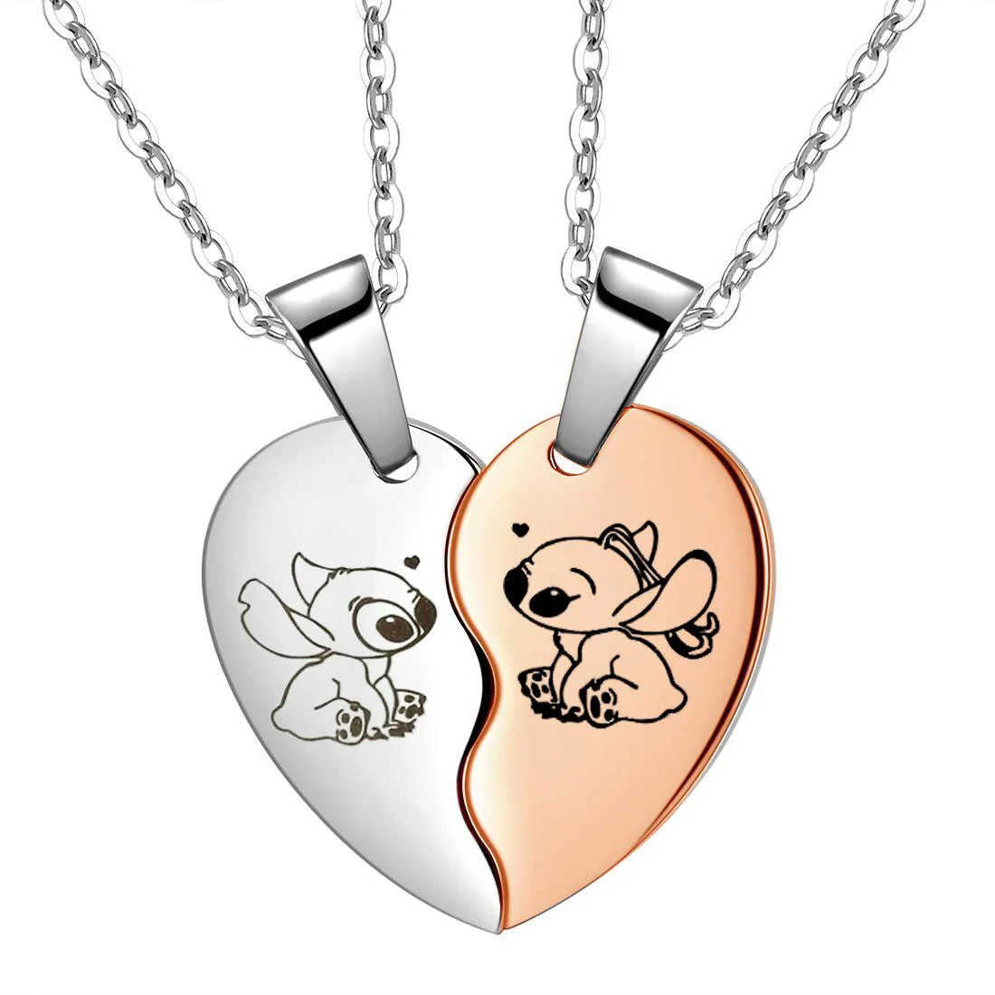 Best Friends Disney Lilo & Stitch Necklace Stainless Steel Stitching Cute Figure Stitch Heart Pendant Neck Chain Lovers Jewelry