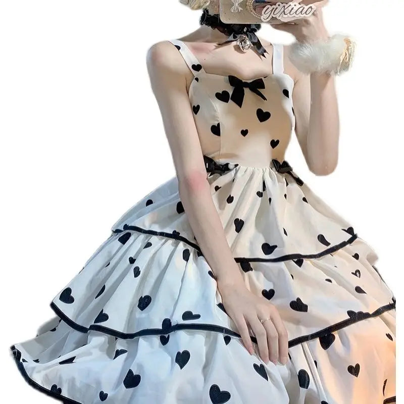 2024 Plus Size 3XL 150kg Summer Lolita Dress Women Sleeveless Hearted Print Ladies Party Sweet Female Clothing Vestidos