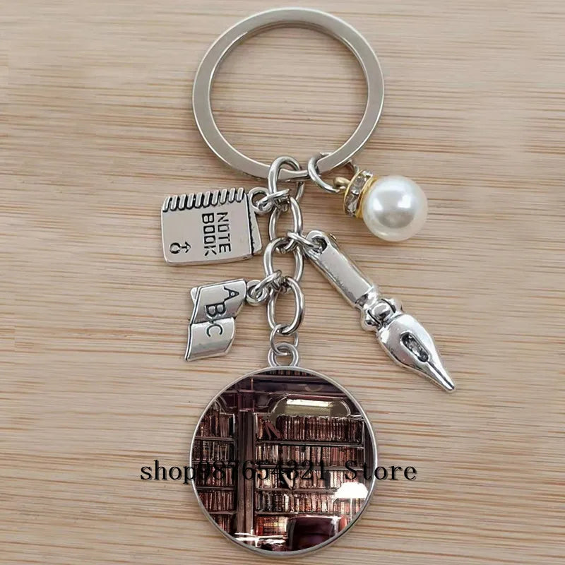 Classic Library Books Keychain Vintage Old Books Key Chain Librarians Key Ring Gift for Nerd Bookworm Writer Teacher