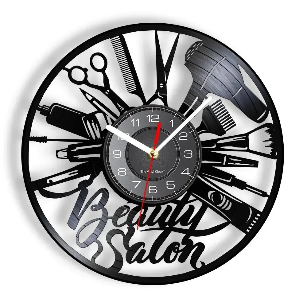 Barber Shop Sign Silent Haircutting Wall Clock Hairdressing Beauty Salon Design Vinyl Record Clock Watch Barber Shop Wall Decor