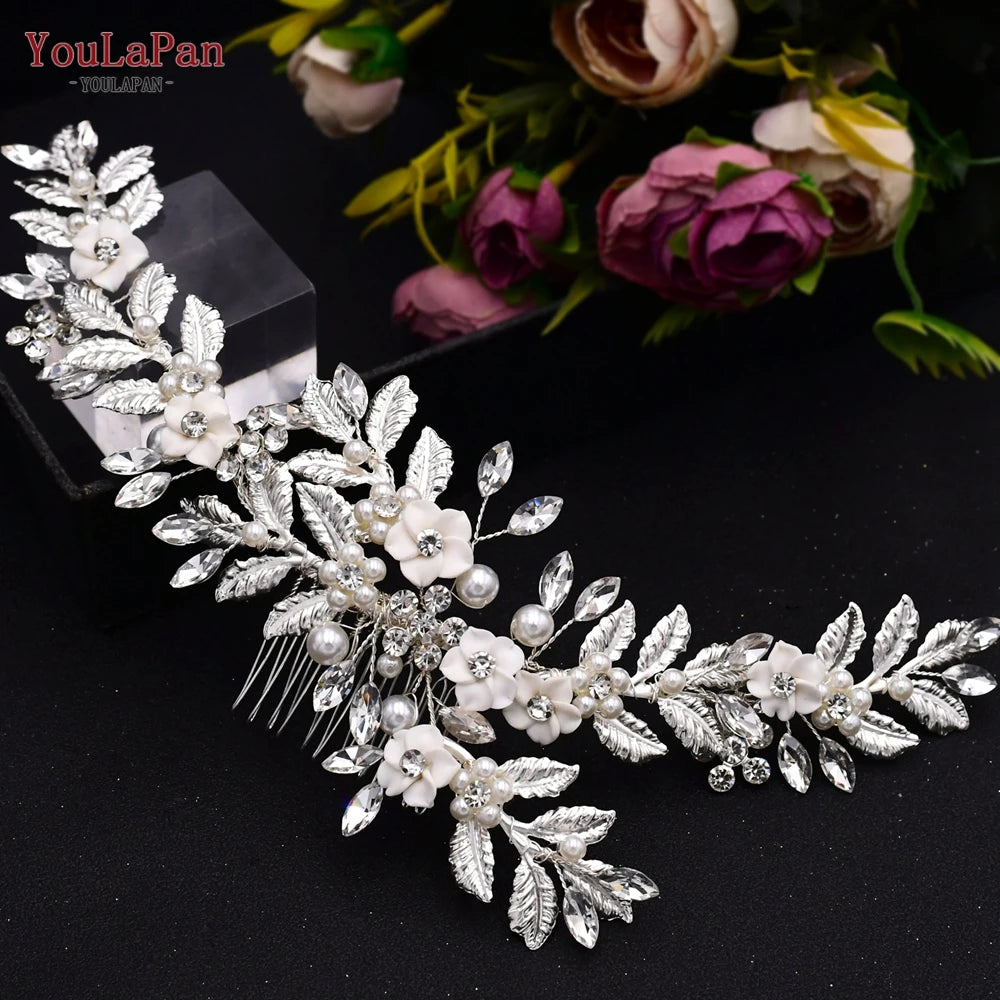 YouLaPan Gold Floral Wedding Hair Comb Bridal Crystal Pearls Headpiece Hair Accessories Bride Jewelry Women Hair Clips HP368