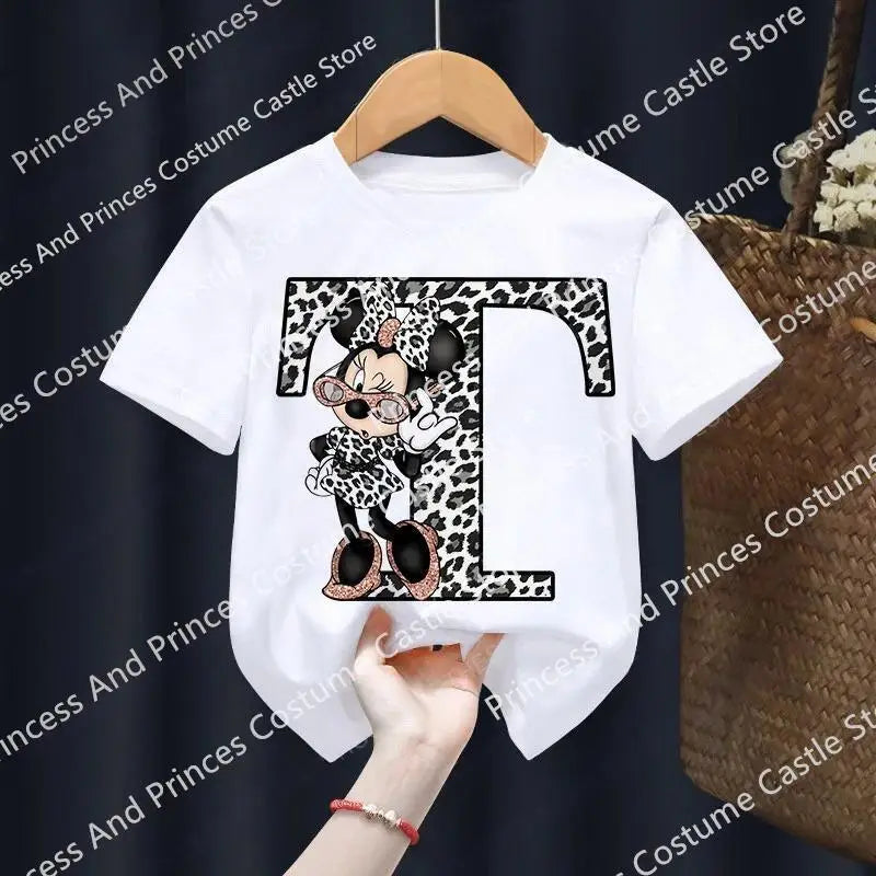 Minnie Letter A B C D Children T-shirt Kawaii Disney Clothes for Girls T Shirt Anime Cartoons Casual Kid Boy Short Sleeve Tops