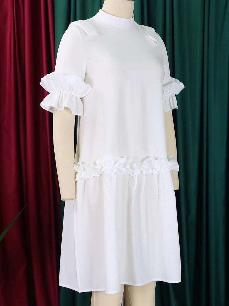 FairyShely Solid 2025 Verge Short Sleeve Plus Size Dress Women Large Loose Big Folds Dresses Lady Summer Party Tight Curvy Dress