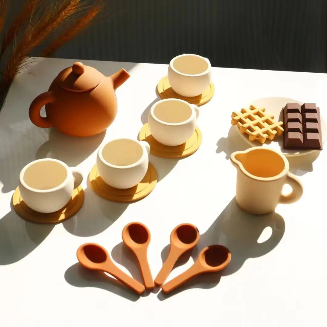 17pcs Silicone Tea Toys Pretend Play Kitchen Accessories Food Playset for Kids Role Play Game for Toddlers Girls Boys Gifts