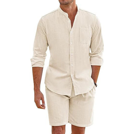 Daily Casual Breathable Cotton Linen Outfits Mens Vintage Stand Collar Button-up Shirts And Shorts Sets For Men Clothing Summer mon