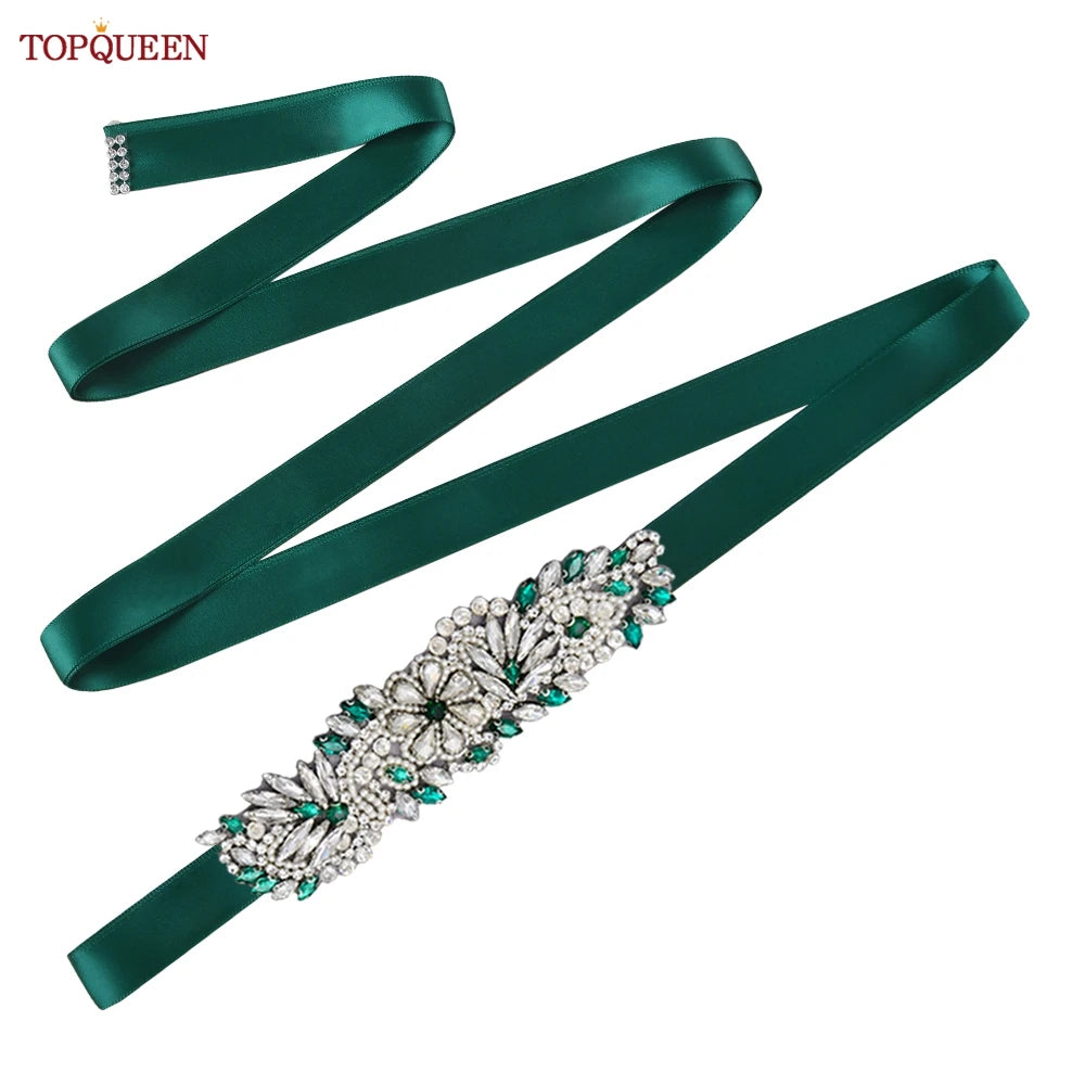 TOPQUEEN S22 Bride Rhinestone Belt Shiny Wedding Accessories Party Woman Emerald Belts Jewelry Wedding Dress Decoration Sash
