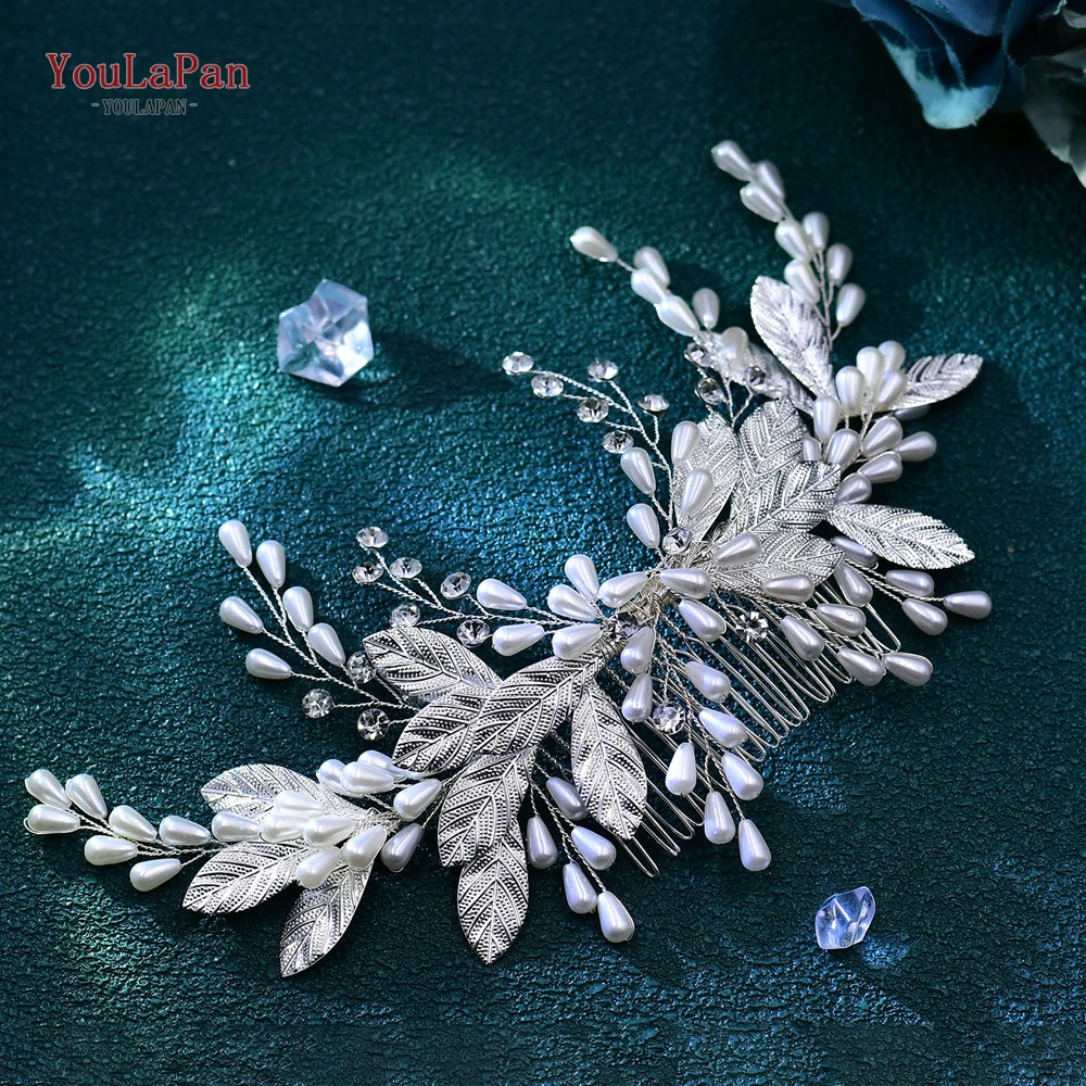YouLaPan Wedding Headpiece Faux Pearl Headband Bridal Hair Accessories Rhinestone Headdress Alloy Leaf Hair Decoration HP680