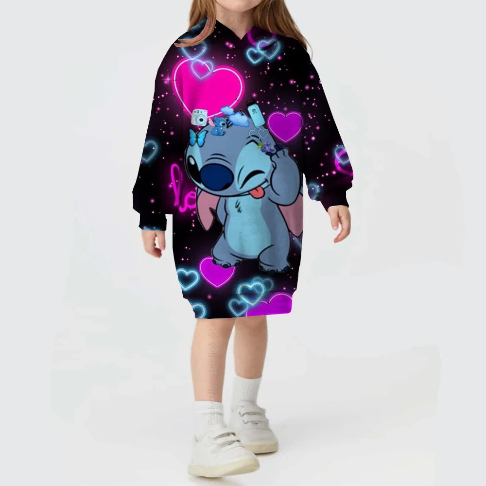 2024 Autumn and Winter Sweater Dress Christmas Disney Stitch Print Hoodie Dress Baby Girl Cute Fashion Hoodie Dress