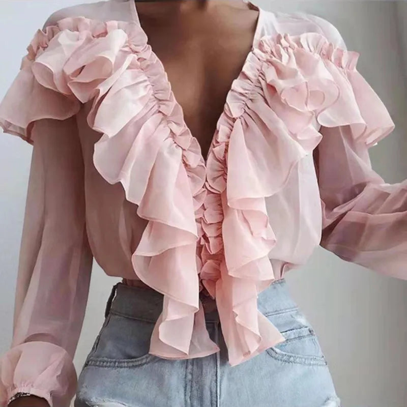 2024 Spring Autumn Elegant Ruffles Women Shirts Top Casual V Neck Long Sleeve Loose Female Solid Chiffon Blouses For Women Blusa clothes