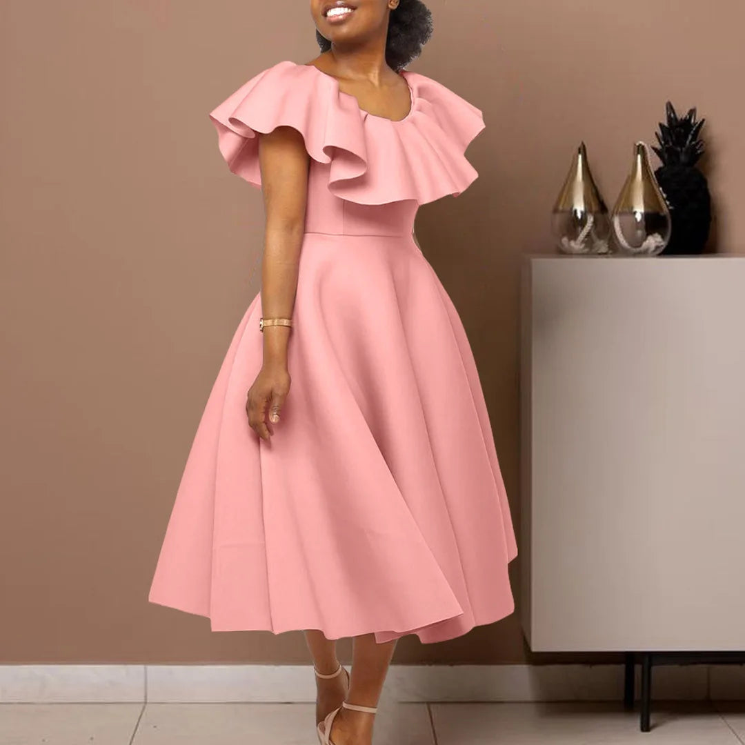 FairyShely 2025 Ruffle Short Sleeve Plus Size Dress Women Solid Large Big Ball Gown Dresses Lady Summer Party Tight Curvy Dress
