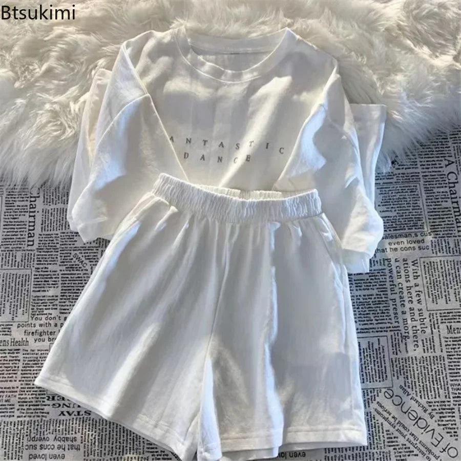 2025 Summer Women Shorts Sets Casual Two Pieces Short Sleeve T Shirts and High Waist Short Pants Solid Outfits Tracksuit 2PCS