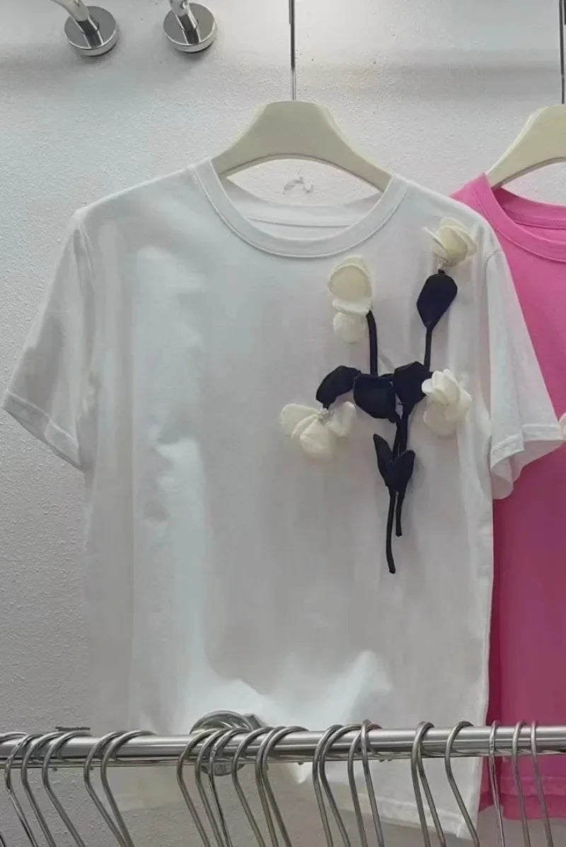 Beads Women clothes Tops Contrast 3d Flower Camisetas O-Neck Short Sleeve Ropa Mujer Loose Casual T Shirt Summer 2025 New Clothes