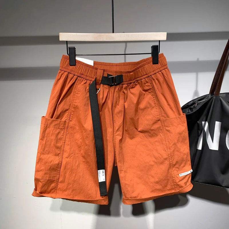 Cargo-Shorts Herren, einfarbig, modisch, Streetwear, japanischer Stil, große Taschen, elastische Taille, schön, fortschrittlich, lässig, Sommer, knielang