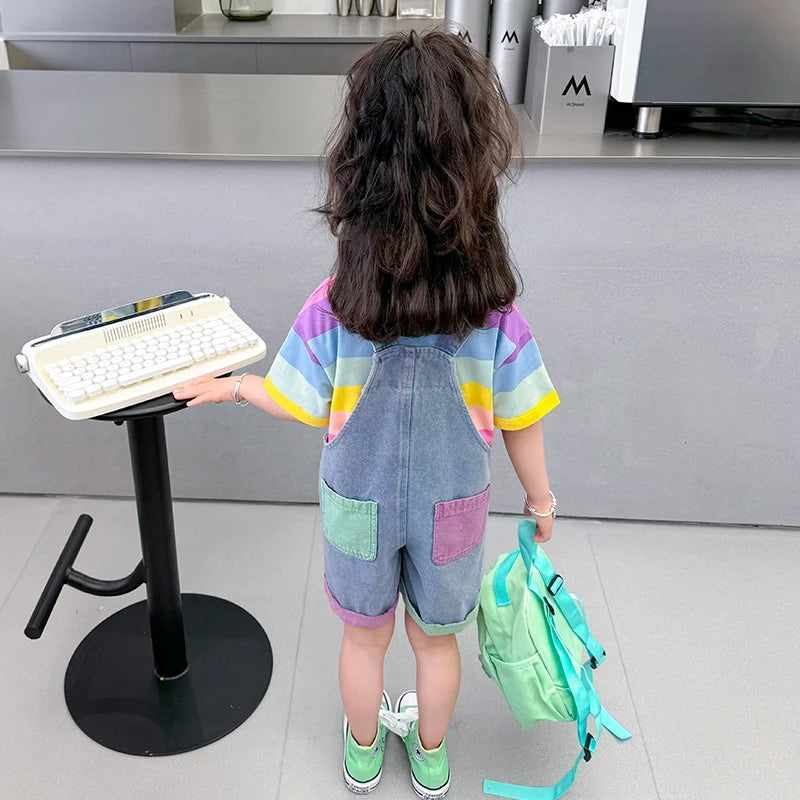 Rainbow T-Shirt Summer Bib Pants Baby Girls Shorts Jumpsuit Boy Cute Colorful Striped Short Sleeve Tops+Denim Short overalls Set