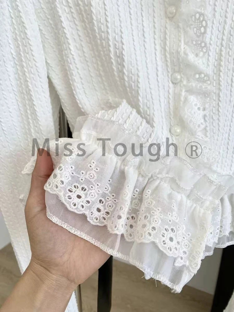 New Sweet clothes Gentle Lace V-neck Shirt Female New Japanese Fashion Slim Elegant Shirt Spring 2025 Harajuku Long Sleeve Solid Clothes