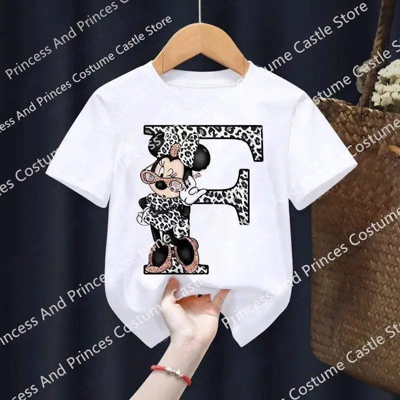 Minnie Letter A B C D Children T-shirt Kawaii Disney Clothes for Girls T Shirt Anime Cartoons Casual Kid Boy Short Sleeve Tops