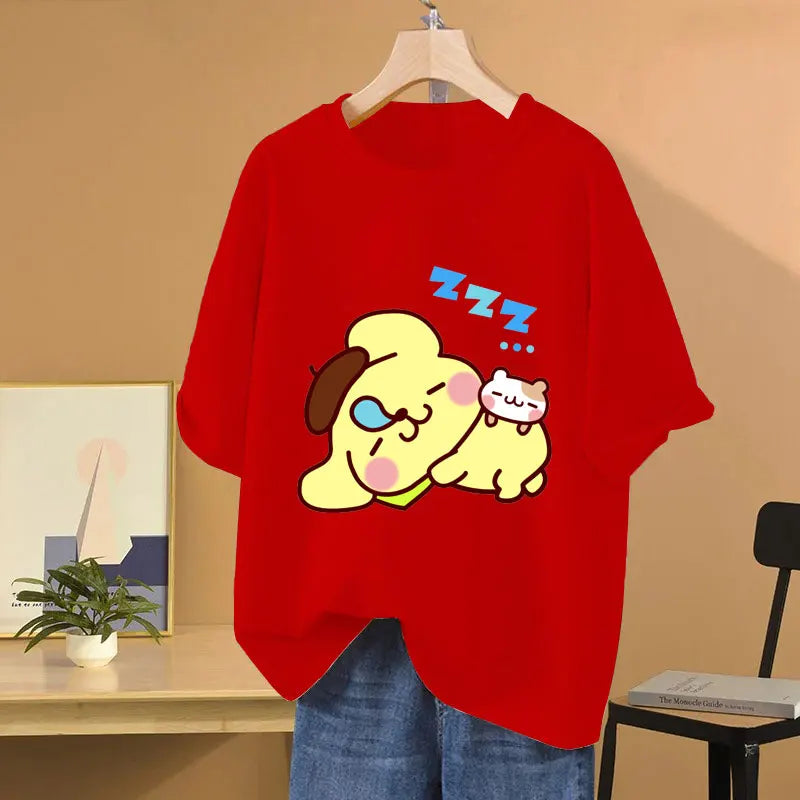 Clothes Pompom Purin Yellow Cartoon Anime Women T-shirt Summer Short Sleeve 100% Cotton Men Tee Shirts Tops 2025 Fashion Couple Clothes
