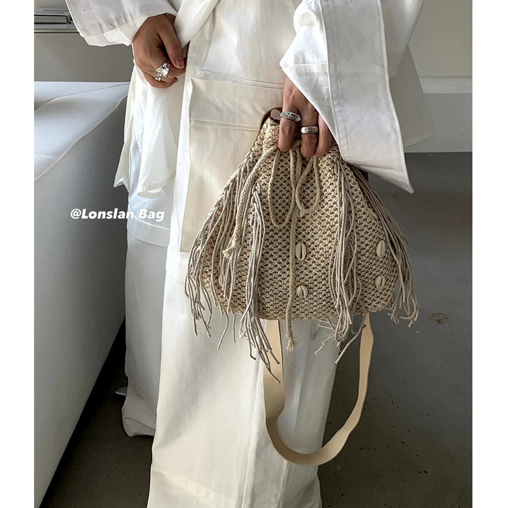 Tassel Shell Straw Bag Summer Bucket Bags for Women Wide Strap Shoulder Bag Bohemian Rattan Beach Bags Purses and Handbags Chic