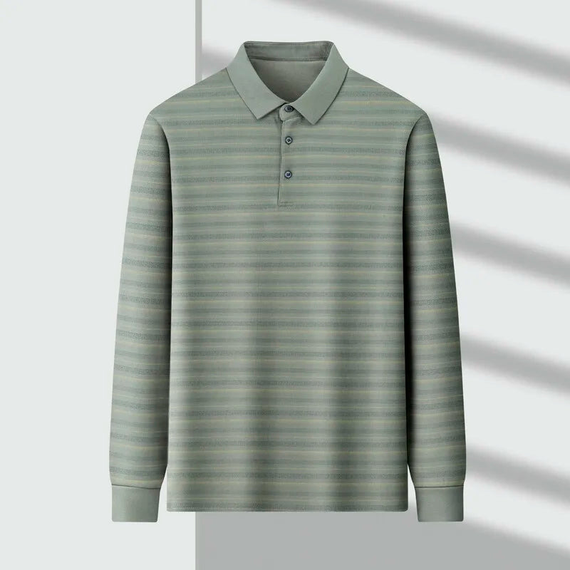 Spring Autumn Business Men's Striped Contrast Color Pullover Long Sleeve Turn-down Collar Button T-shirt Casual Formal Tops