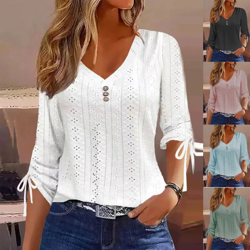 Spring Fashion Women Blouses Shirts For Women Casual V Neck Long Sleeve White Shirt Women Office Tops Pullover