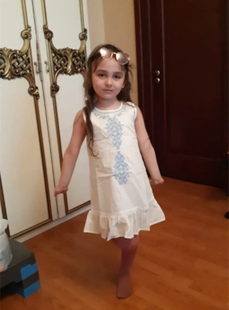 Summer 2-10 Years Brief Lace Embroidery Flower Floral Cotton Flounce Tank Sundress Sleeveless Kids Girls Dress
