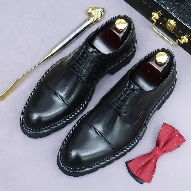 Retro Mens Dress Shoes Luxury Genuine Leather Platform 2025 British Trend Handmade Quality Comfortable Wedding Social Shoes Man
